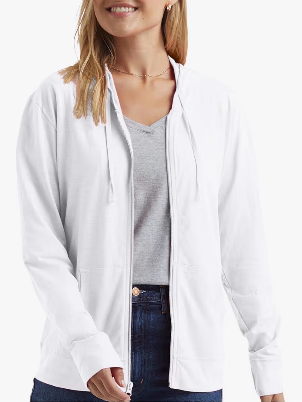 Hanes Women's White Zip-Up Hoodie Jacket - Classic Lightweight Layer